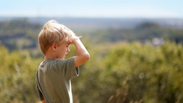 A little 8 year old boy out on a nature hike, is sheilding his eyes from the sun as he looks out over the trees while high up on a bluff.