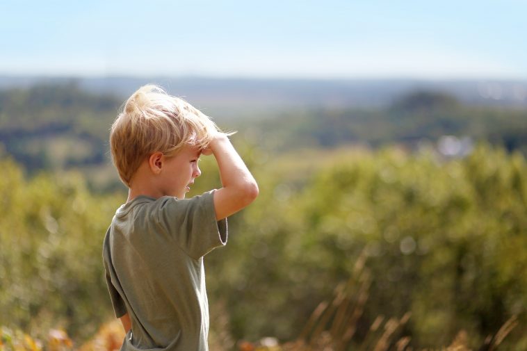 A little 8 year old boy out on a nature hike, is sheilding his eyes from the sun as he looks out over the trees while high up on a bluff.