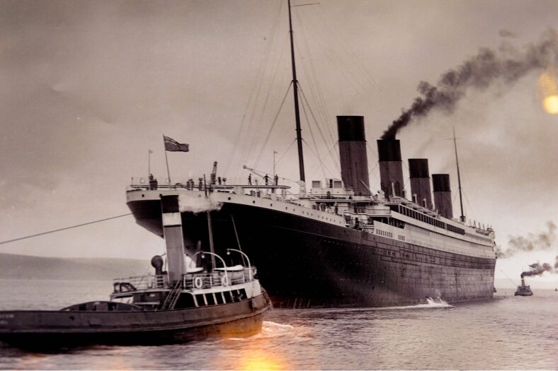 picture of Titanic in the Titanic Belfast, visitor attraction dedicated to the RMS Tinanic, a ship whic sank by hitting an iceberg in 1912.