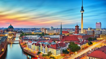 Berlin City Skyline in Germany at Night.