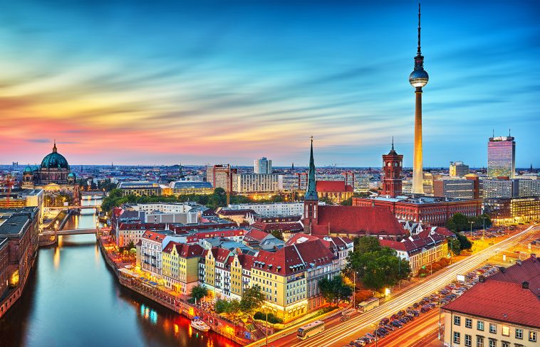 Berlin City Skyline in Germany at Night.