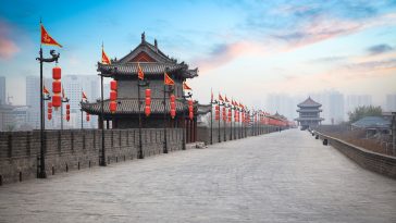 ancient tower at dusk in xian city wall ,China