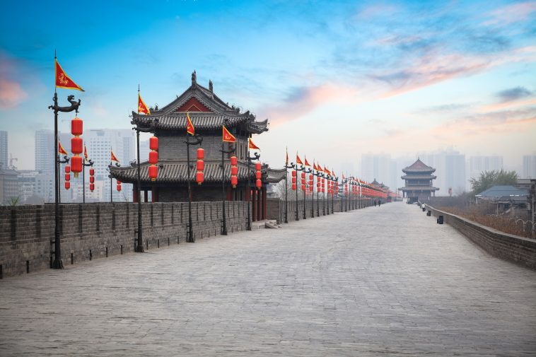 ancient tower at dusk in xian city wall ,China