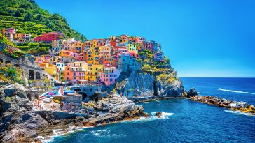 Beautiful colorful cityscape on the mountains over Mediterranean sea, Europe, Cinque Terre, traditional Italian architecture