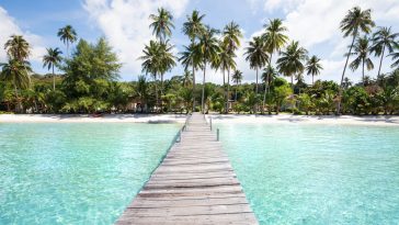 paradise beach with turquoise water, wooden pier and tropical palm trees, summer holidays in Thailand, Koh Kood