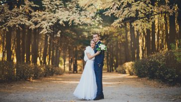 bride and groom in autumn park Love Life