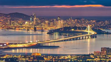 San Francisco skyline and Bay Bridge at sunset, California USA