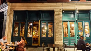 downtown night life scene people dining