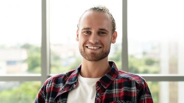 Portrait of young happy short stylish bearded caucasian man or creative designer smiling and looking at camera feeling confident in casual outfit. Headshot of male employee, entrepreneur or student.