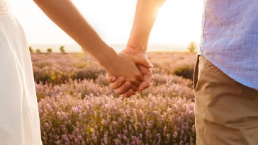 Cropped image from back of young couple man and woman holding hands while walking outdoor in lavender field