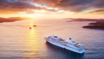 Croatia. Aerial view at the cruise ship during sunset. Adventure and travel.  Landscape with cruise liner on Adriatic sea. Luxury cruise. Travel - image