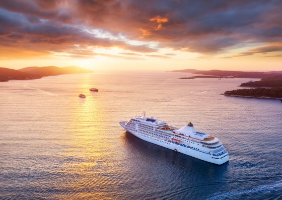 Croatia. Aerial view at the cruise ship during sunset. Adventure and travel.  Landscape with cruise liner on Adriatic sea. Luxury cruise. Travel - image