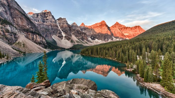 Moraine Lake in Banff National Park in Alberta Canada taken at the peak color of sunrise