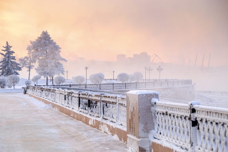 Winter landscape of frosty trees, white snow in city park. Trees covered with snow in Siberia, Irkutsk near lake Baikal. Extremely cold winter