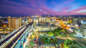 Miyazaki city downtown skyline cityscape  in Kyushu, Japan at sunset