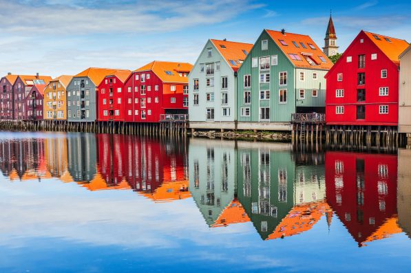 Trondheim, Norway. Colorful timber houses and Nidelva river in the old town district.