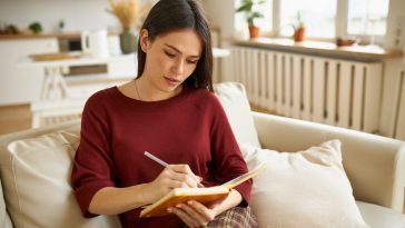 Picture of charming young female with dark haired sitting on comfortable couch holding pen, handwriting in copybook, making list of food products before grocery shopping. People and lifestyle