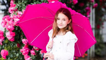 Smiling child girl 8-9 year old hold umbrella standing at city street in park over rose flowers outdoor close up. Portrait of happy blonde child over nature background. Summer rain.