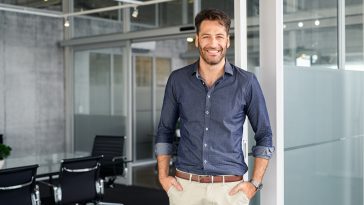 Portrait of mature successful man with hands in pocket standing outside office conference room. Handsome businessman standing in office while looking at camera. Young satisfied man in formalwear standing in boardroom with copy space.