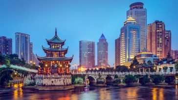 Guiyang, China skyline at Jiaxiu Pavilion on the Nanming River.