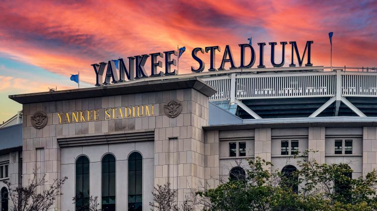 New York, USA; January 3, 2024: Entrance and sign at Yankee Stadium in the Bronx, one of the biggest and best ballparks with beautiful sunset skies.