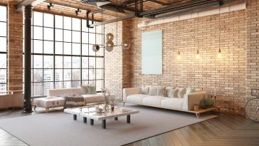 A modern loft living room with a couch, a coffee table. The room has a minimalist and clean design, with a focus on functionality and comfort. 3d render