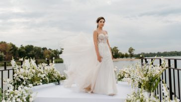 bride against the background of a yellow sunset on a pier near the river