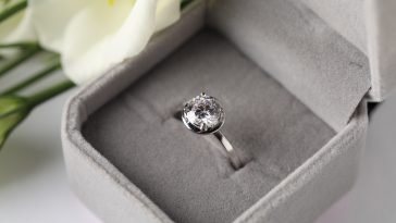 Beautiful ring with gemstone in box and flower on white background, closeup