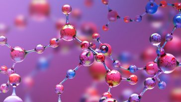 Transparent blue and purple abstract molecule model over blurred blue and purple molecule background. Concept of science, chemistry, medicine and microscopic research. 3d rendering copy space