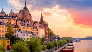 Stockholm, Sweden. Scenic summer sunset view with colorful sky of the Old Town architecture in Sodermalm district