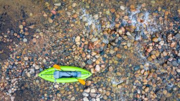 inflatable whitewater kayak on a rocky shore of mountain river (Poudre River in Colorado), aerial perspective