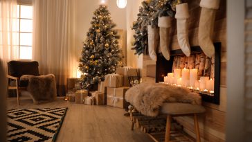 Stylish room interior with beautiful Christmas tree and decorative fireplace