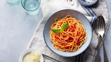 Pasta, spaghetti with tomato sauce and fresh basil in a bowl. Grey background. Top view. Copy space.