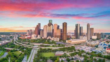 Downtown Houston, Texas, USA Drone Skyline Aerial Panorama.