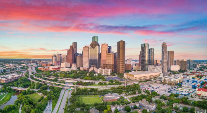 Downtown Houston, Texas, USA Drone Skyline Aerial Panorama.