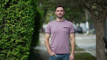 Young handsome man in 30s standing in city street looking at camera. Male person in urban sidewalk