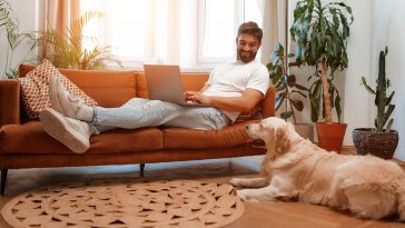 Handsome bearded man sitting on sofa by window with laptop along with labrador dog lying on floor while freelancing online, shopping or chatting in living room at home.