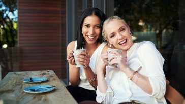 Portrait, coffee and friends in cafe, smile and bonding of women, laughing and happy to relax in weekend. Customer, enjoy and girls with beverage for conversation, morning and break for students.