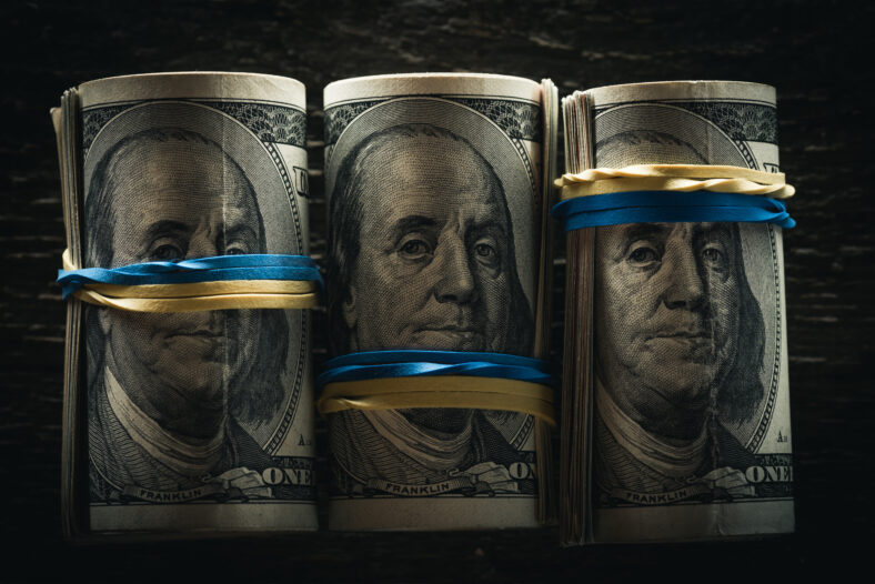 close up of dollar banknotes in rolls with rubber bands