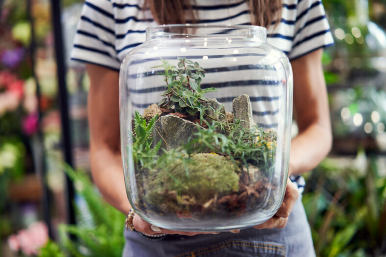 Midsection of florist holding jar terrarium in her shop