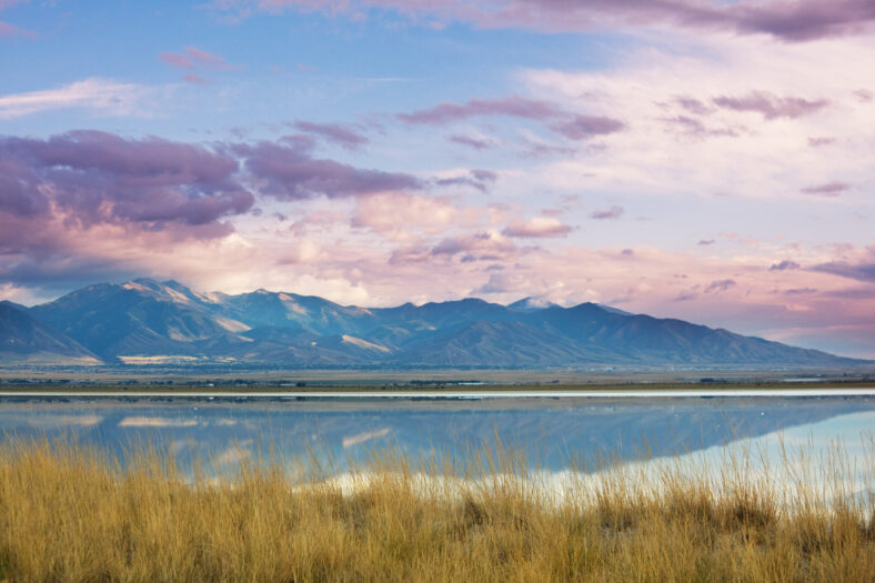 Scenic view of the Great Salt Lake landscape at sunset