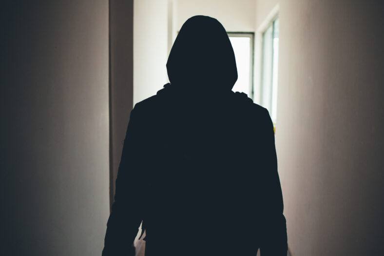 Silhouette of a man sneaking through the hallway of a house