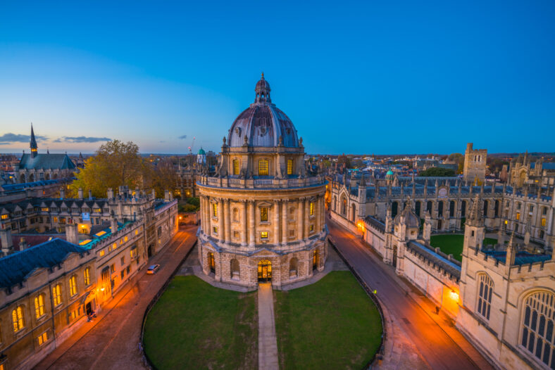 Evening skyline panorama of Oxford city in England