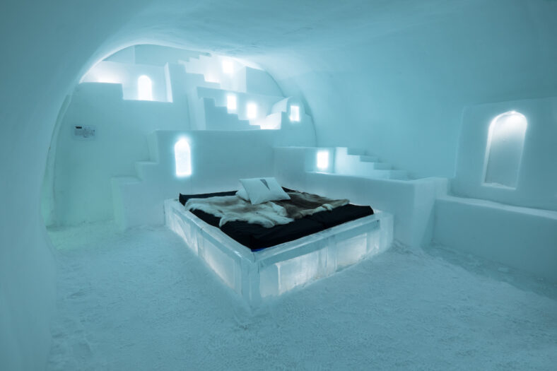 Beautiful Art Suite, individually themed and hand carved by an artist in the Ice Hotel 365 in Jukkasjarvi near Kiruna in Sweden