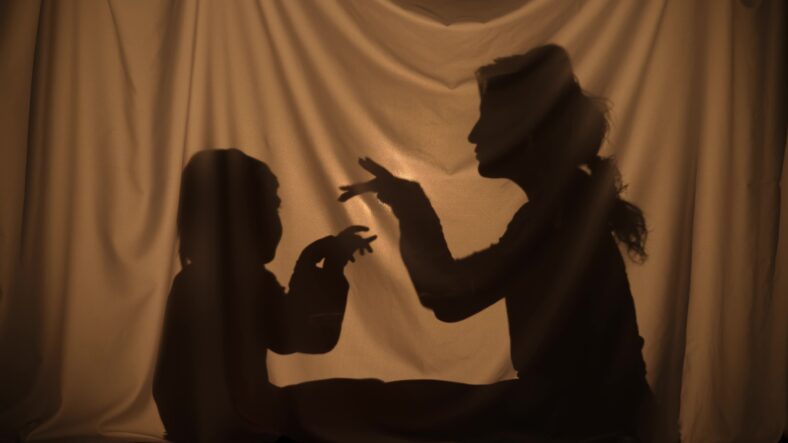 Silhouettes of woman and boy telling stories using shadow play and depicting flying birds with hands. Mom and son have fun, sitting behind the curtain at home. Puppet theater of shadows. Weekends with family, togetherness and relationship. Close up.