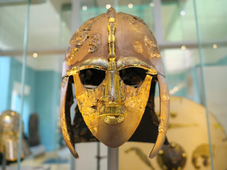 The Sutton Hoo helmet from Angle-Saxon ship burial in AD 600, The British Museum, London, UK