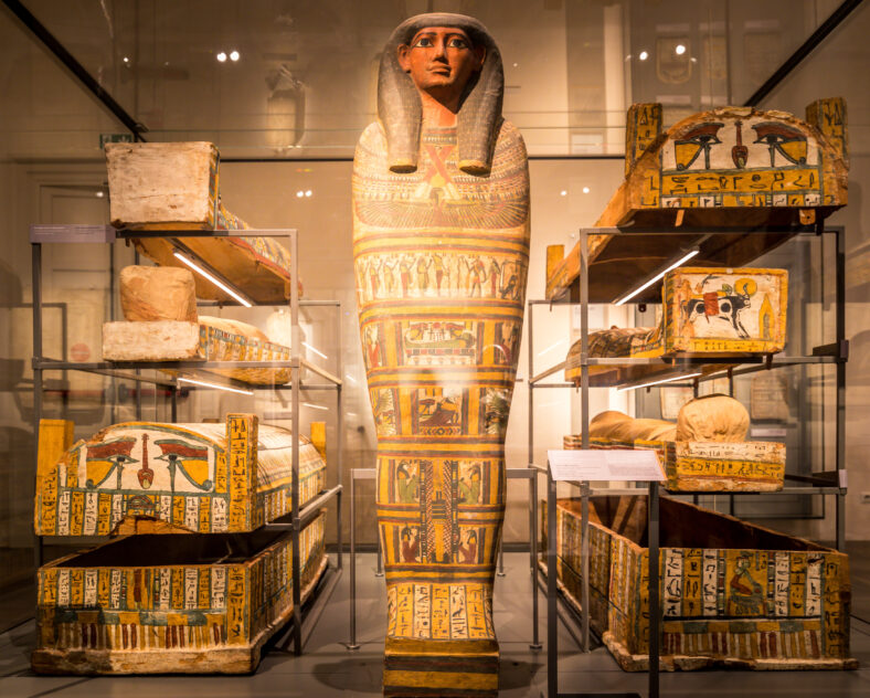 An ancient Egyptian mummy, surrounded by historical artifacts and old medical texts