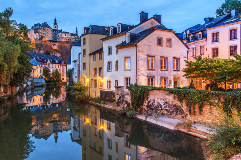 A view of a Luxembourg buildings in the dusk