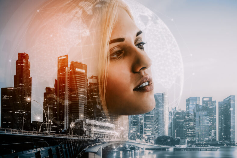 Double Exposure Image of Business Person on modern city background. Future business and communication technology concept. Surreal futuristic cityscape and abstract multiple exposure interface. uds