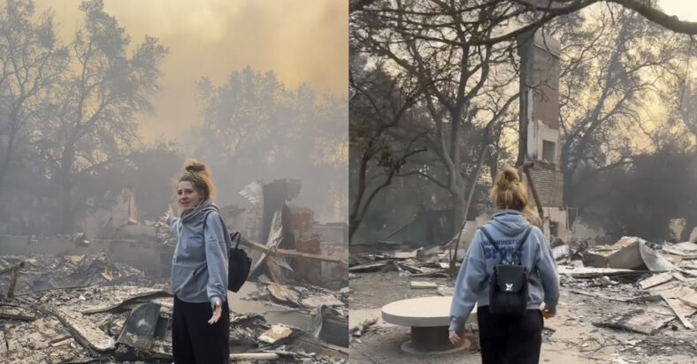 Pictured above is Sara with her burned down home